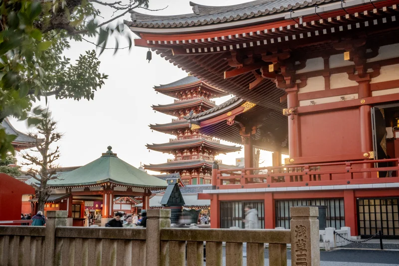 Hondō (本堂) at Asakusa Shrine with Senso-ji Pagoda 