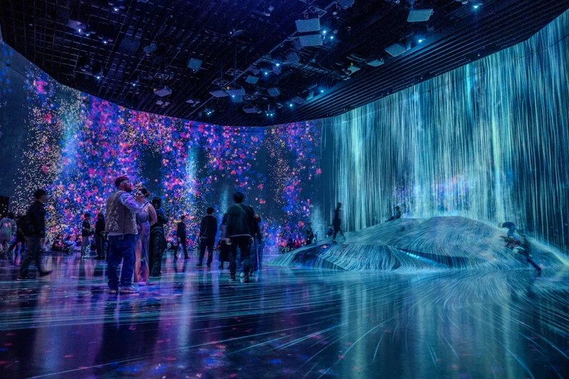 Large open room with digital flowers & water projections